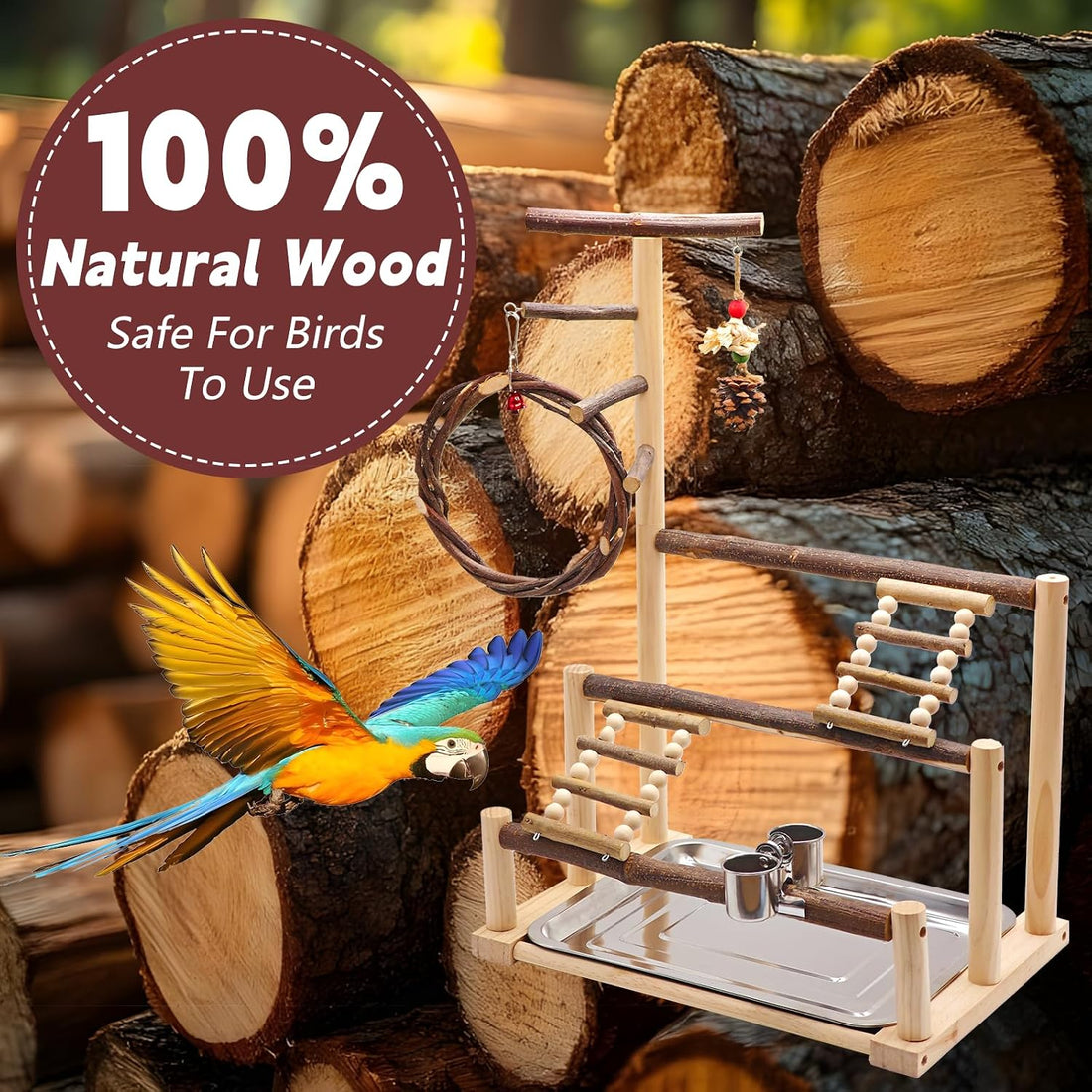 Bird Playground, Natural Wooden Parrot Stand Suitable for Small