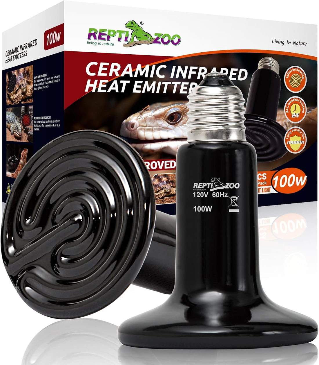 REPTI ZOO 100W Reptile Heat Lamp 2Pack Ceramic Heat Emitter Night