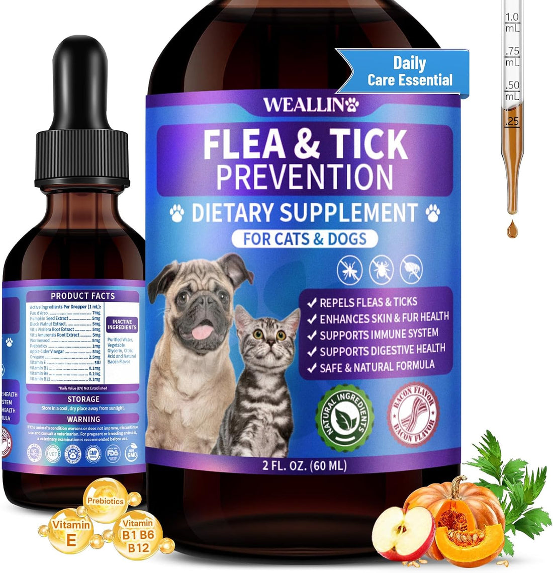 WEALLIN Flea and Tick Support for Dogs and Cats with Multivitamin 60ml