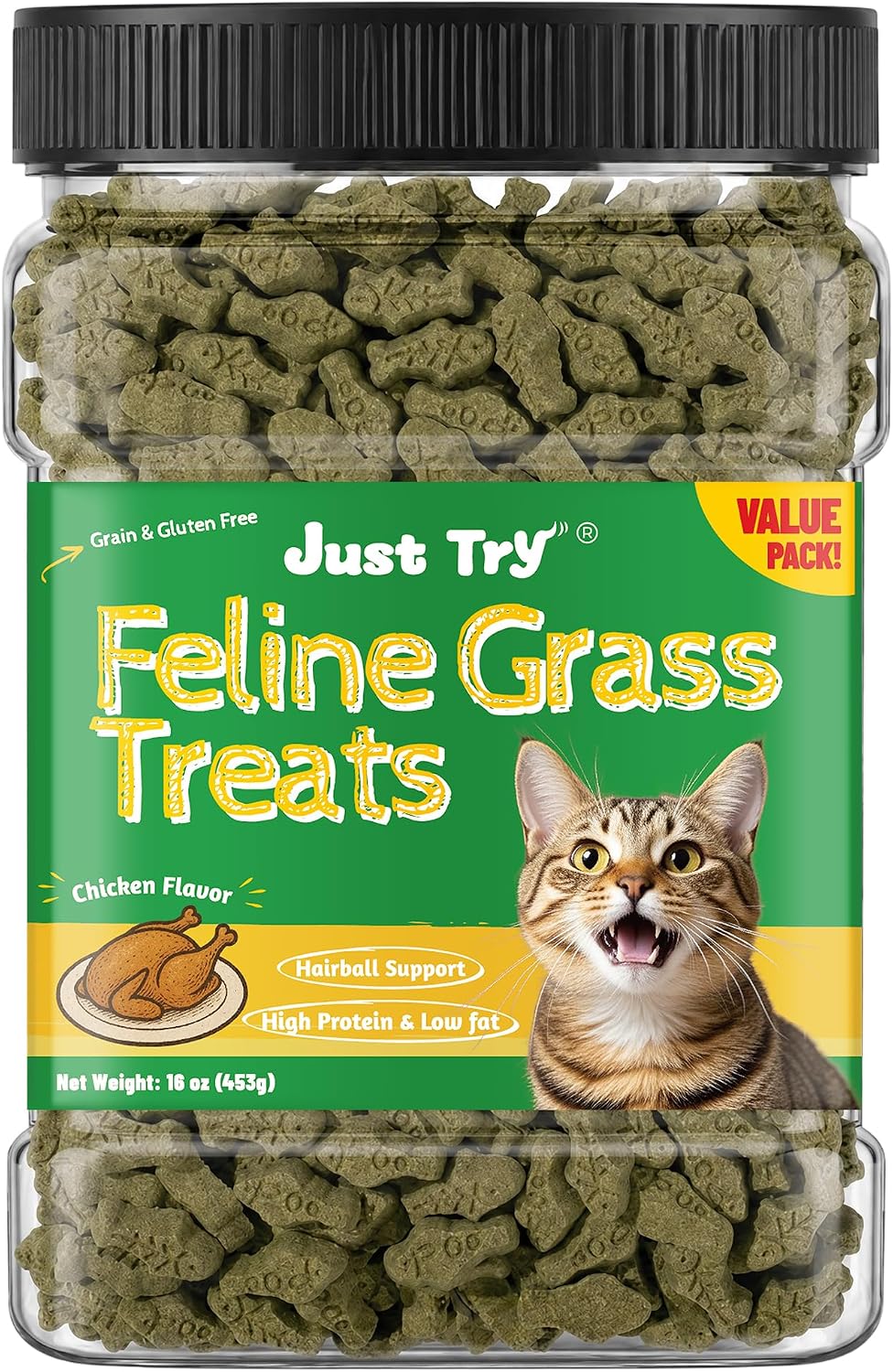 Just Try 16 oz Feline Grass Treats Chicken Flavor Hairball Treats
