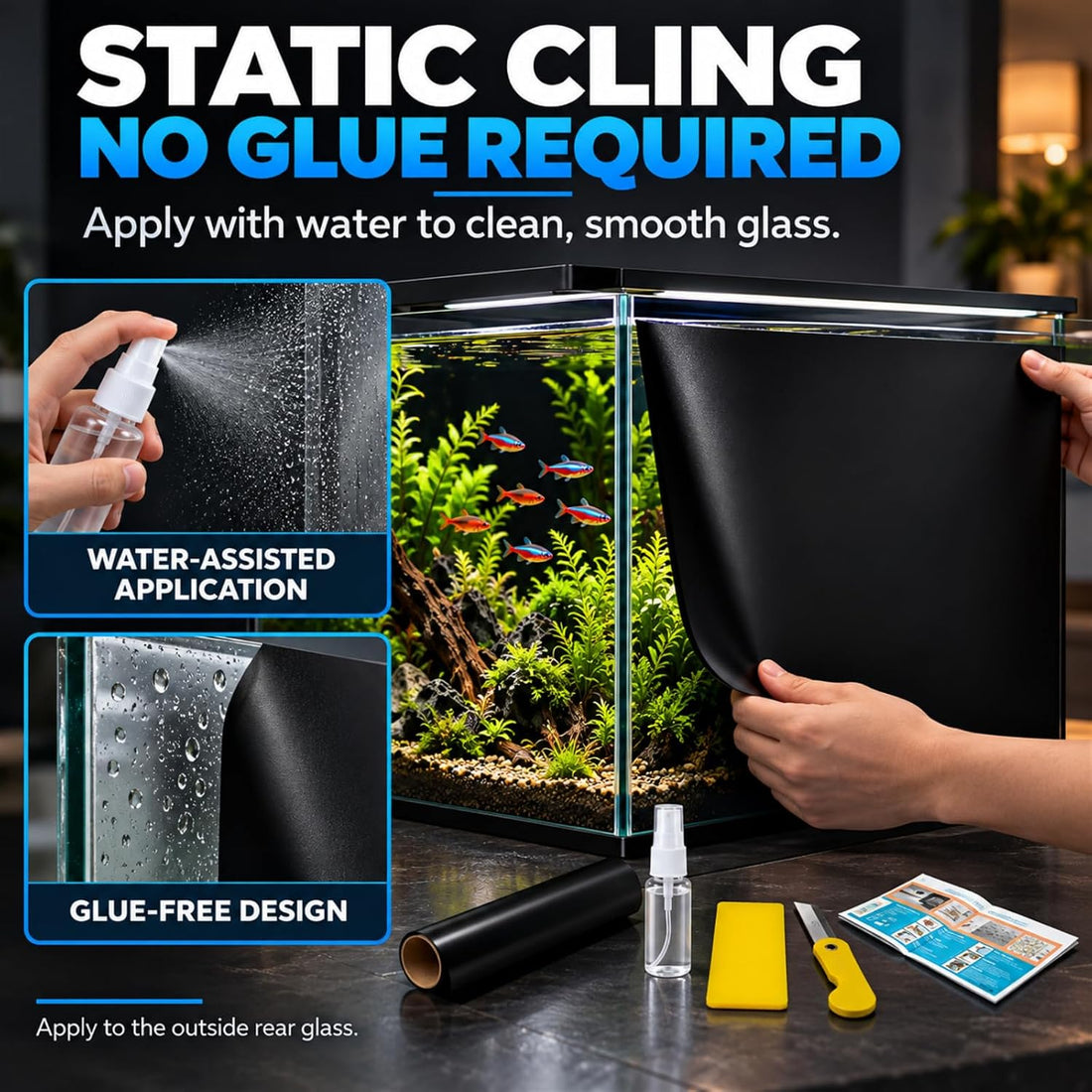 Black Aquarium Background Film, 39 x 16 in, Static Cling Fish Tank