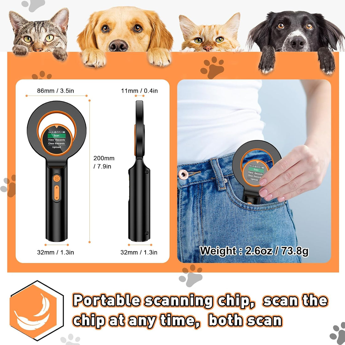 Symcode Pet Microchip Scanner RFID EMID Micro Chip Reader with 1.44IN