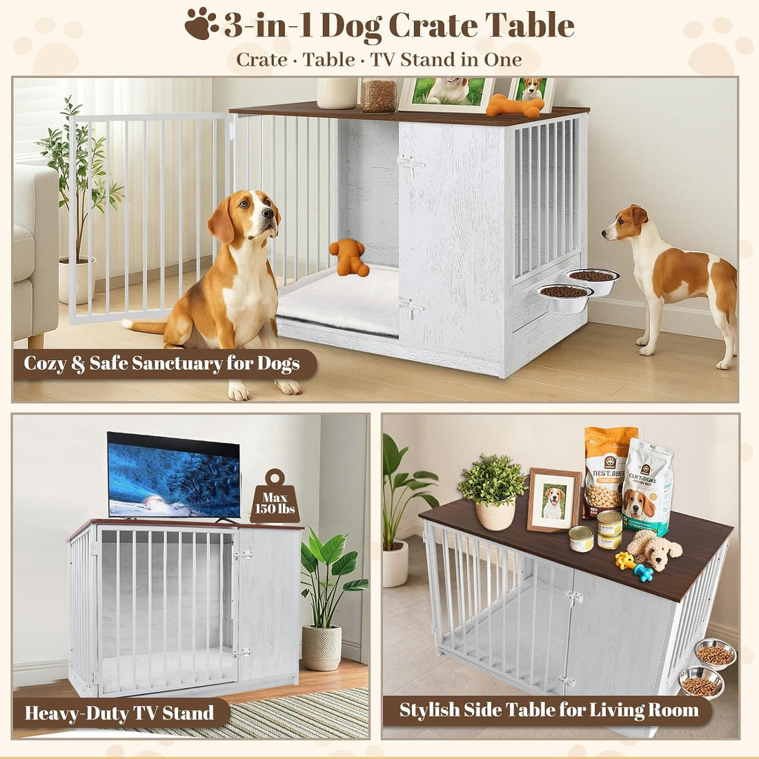 TBWIND 36" Dog Crate Furniture End Table for Medium Dogs, White