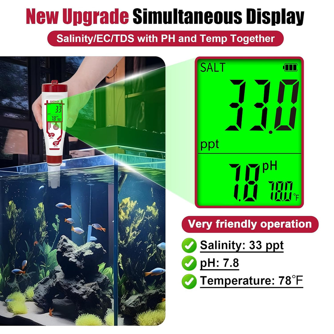 Aquarium Salinity pH Meter,Digital Pool Salt Tester