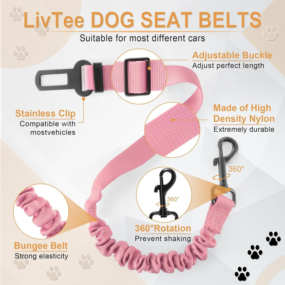 LivTee Dog Seat Belt for Car, Retractable Pet Safety Harness