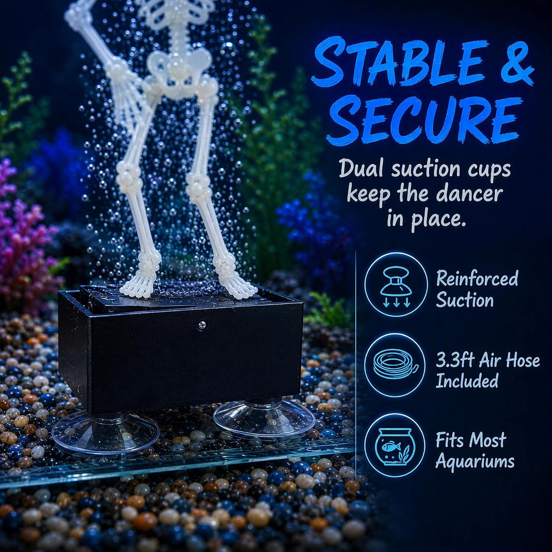 Fluorescent Green Dancing Skeleton Aquarium Bubbler with 3.3 ft Hose