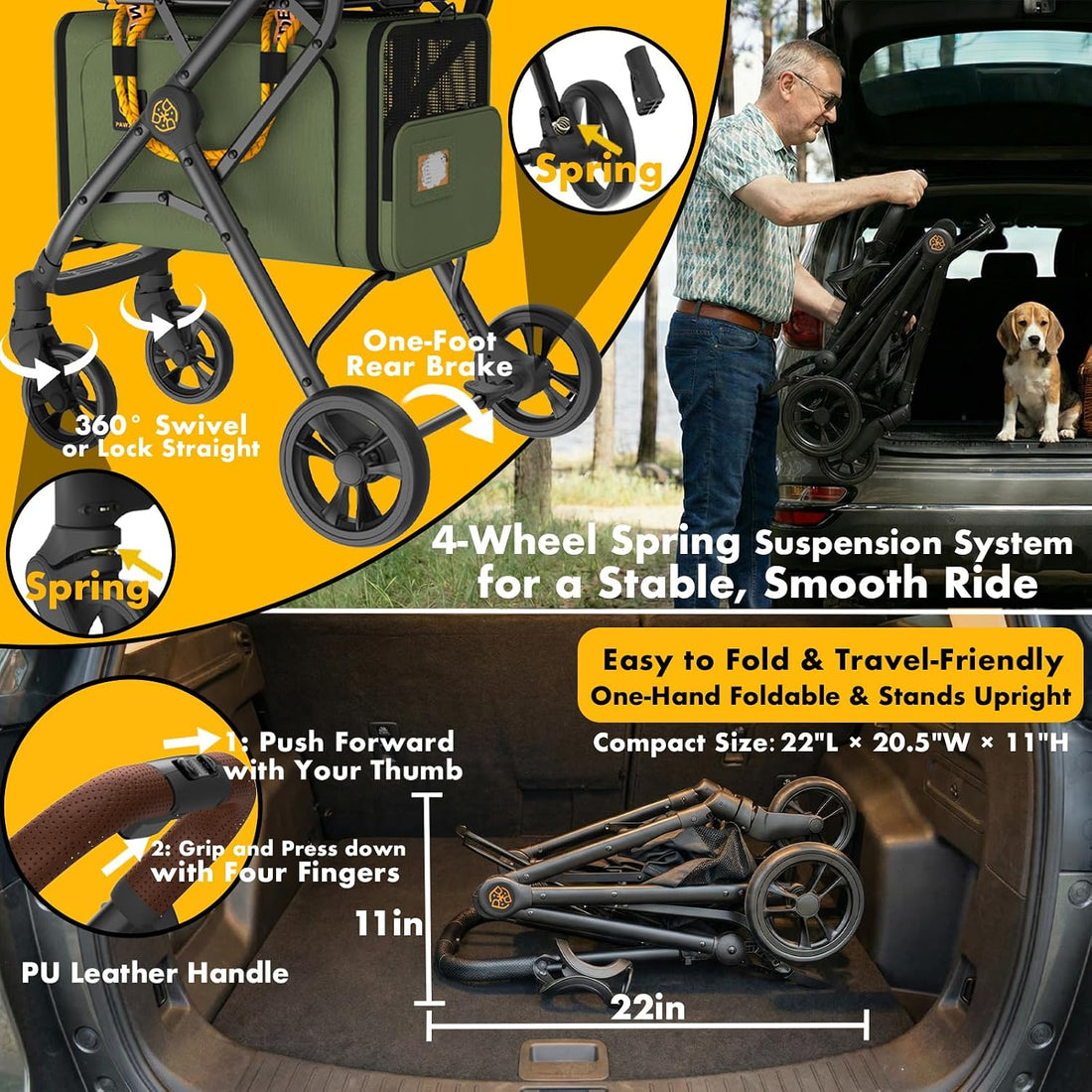 PAWZIDEA Double Pet Stroller with 2 Detachable Carrier for Multiple