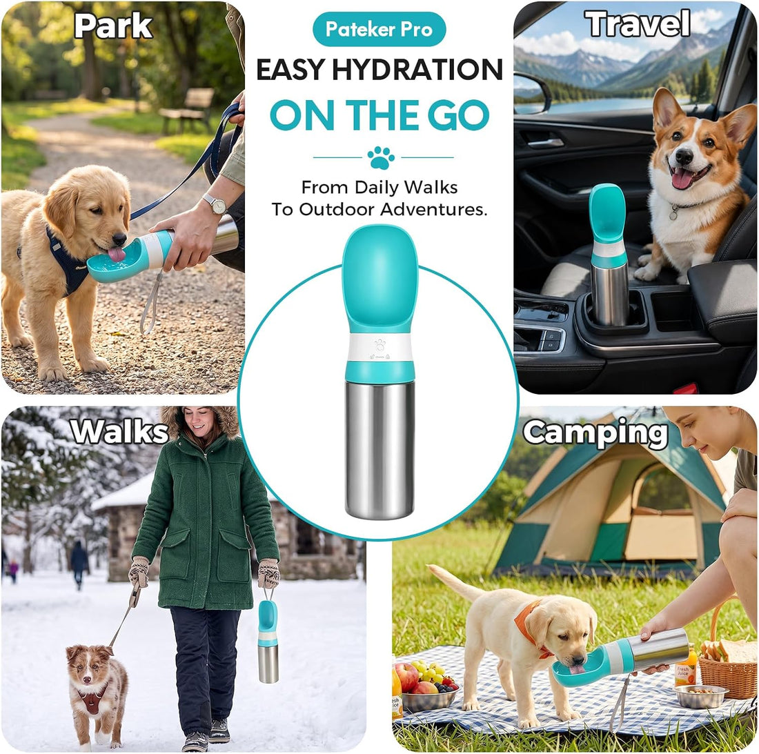 Portable Dog Water Bottle, 14 OZ Stainless Steel Pet Travel Bowl, Blue