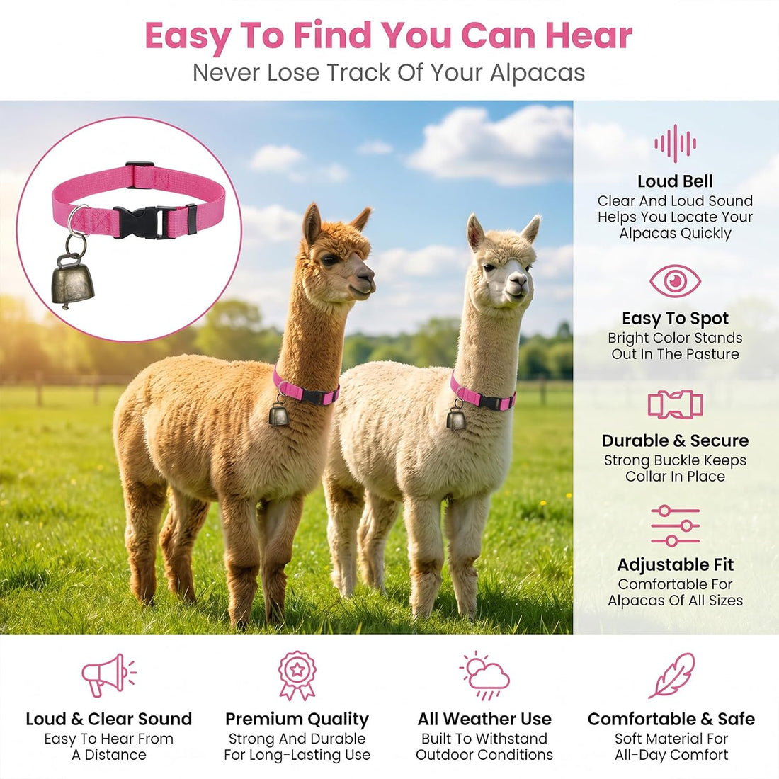 3 Pack Goat Collars with Bells Anti-Lost Adjustable Collar Set