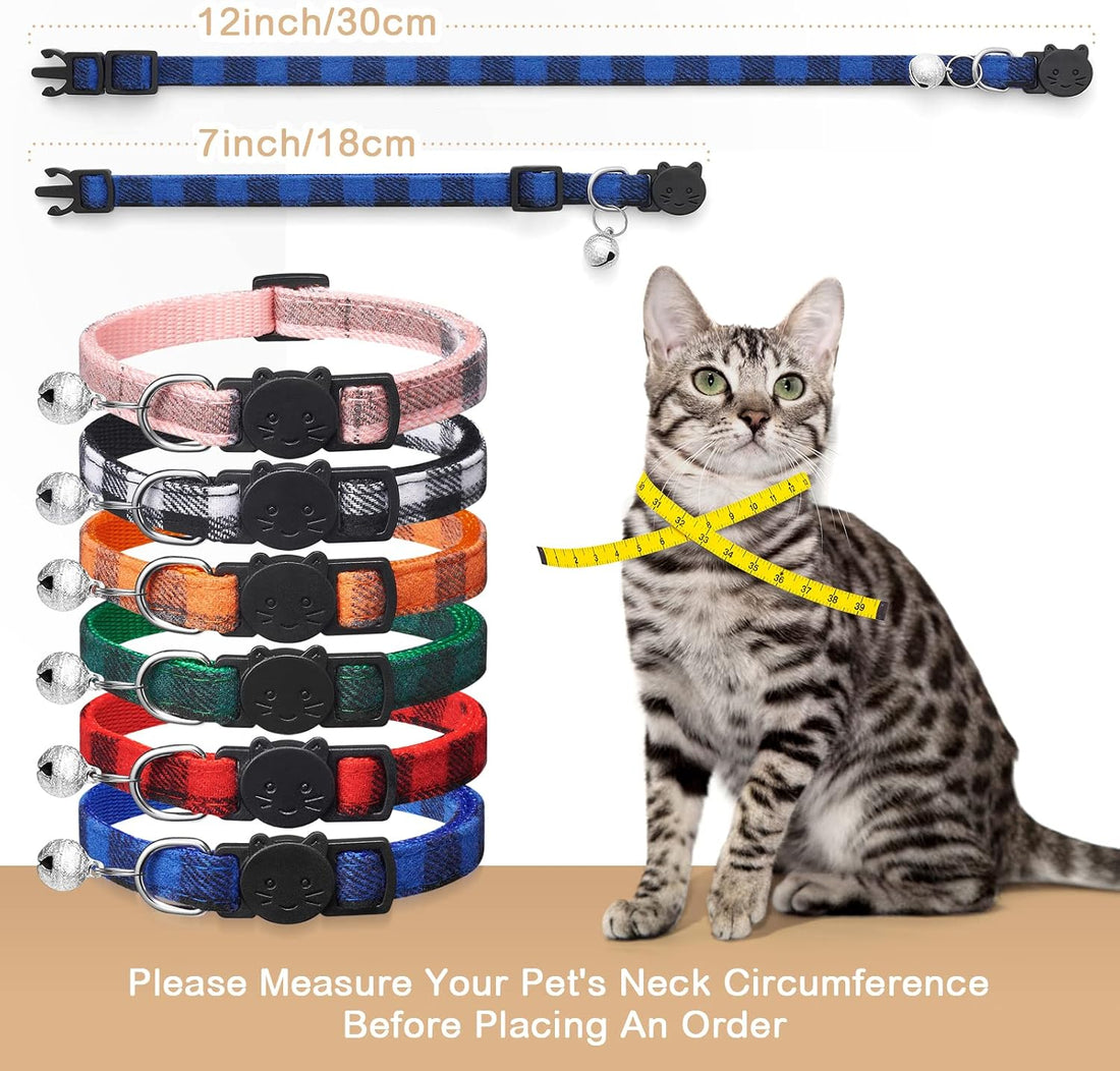 6 Pack Classic Plaid Cat Collars with Bells