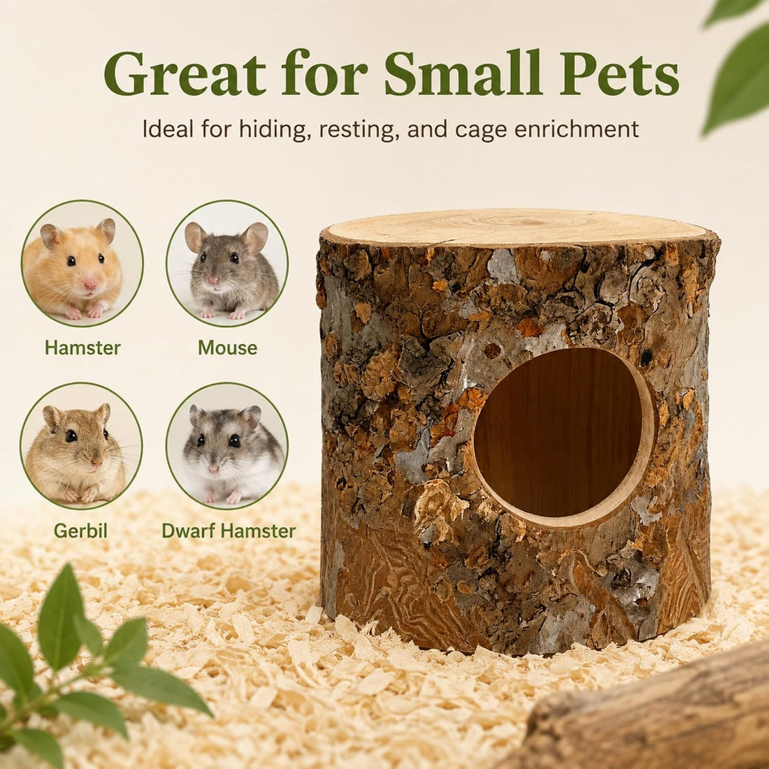 Hamster Hideout House for Small Animals, Wooden Habitat Shelter