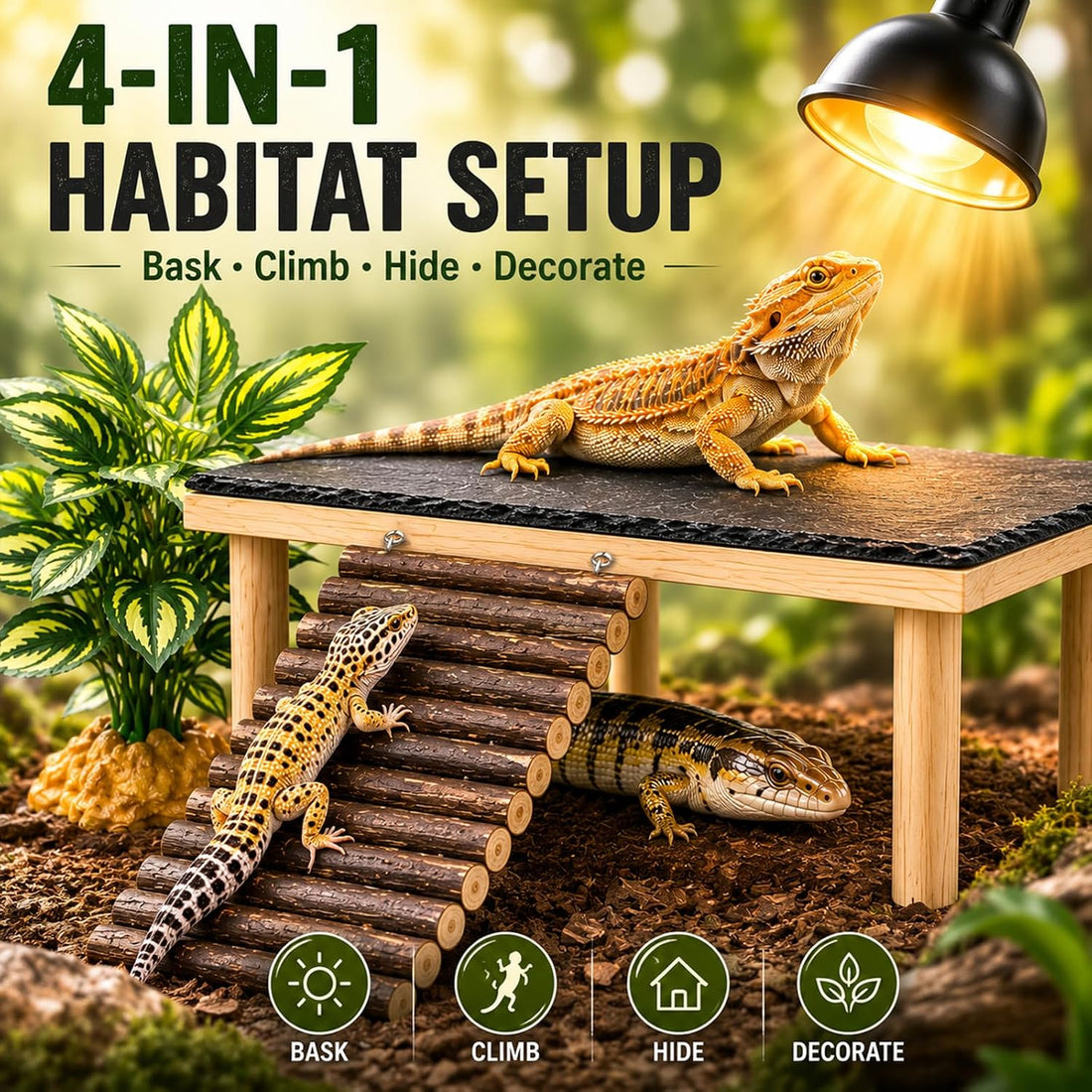 Bearded Dragon Basking Platform with Genuine Natural Slate Rock