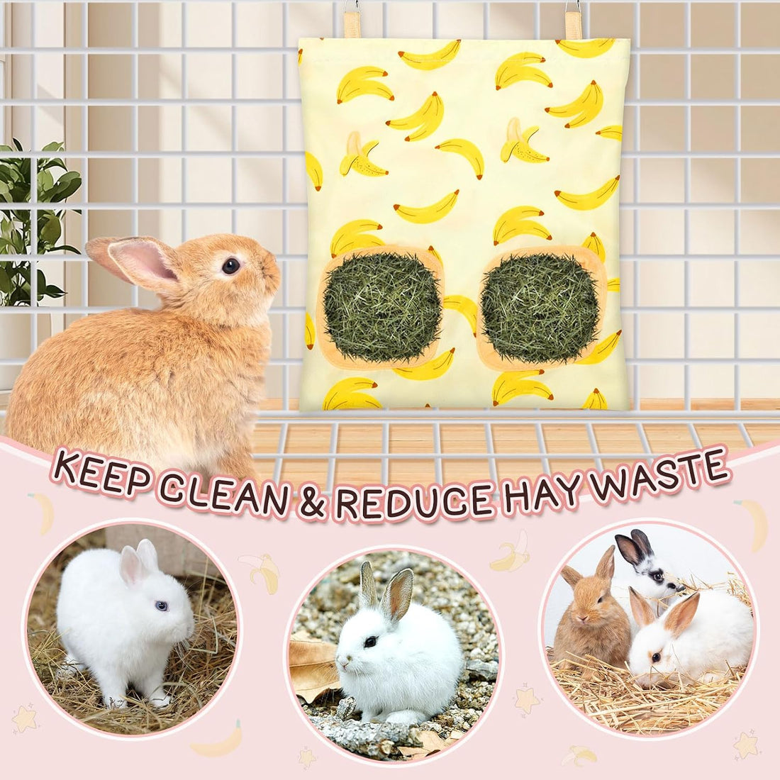UPINS 3Pack Guinea Pig Hay Feeder Bag,Bunny Rabbit Cage Bag Hanging