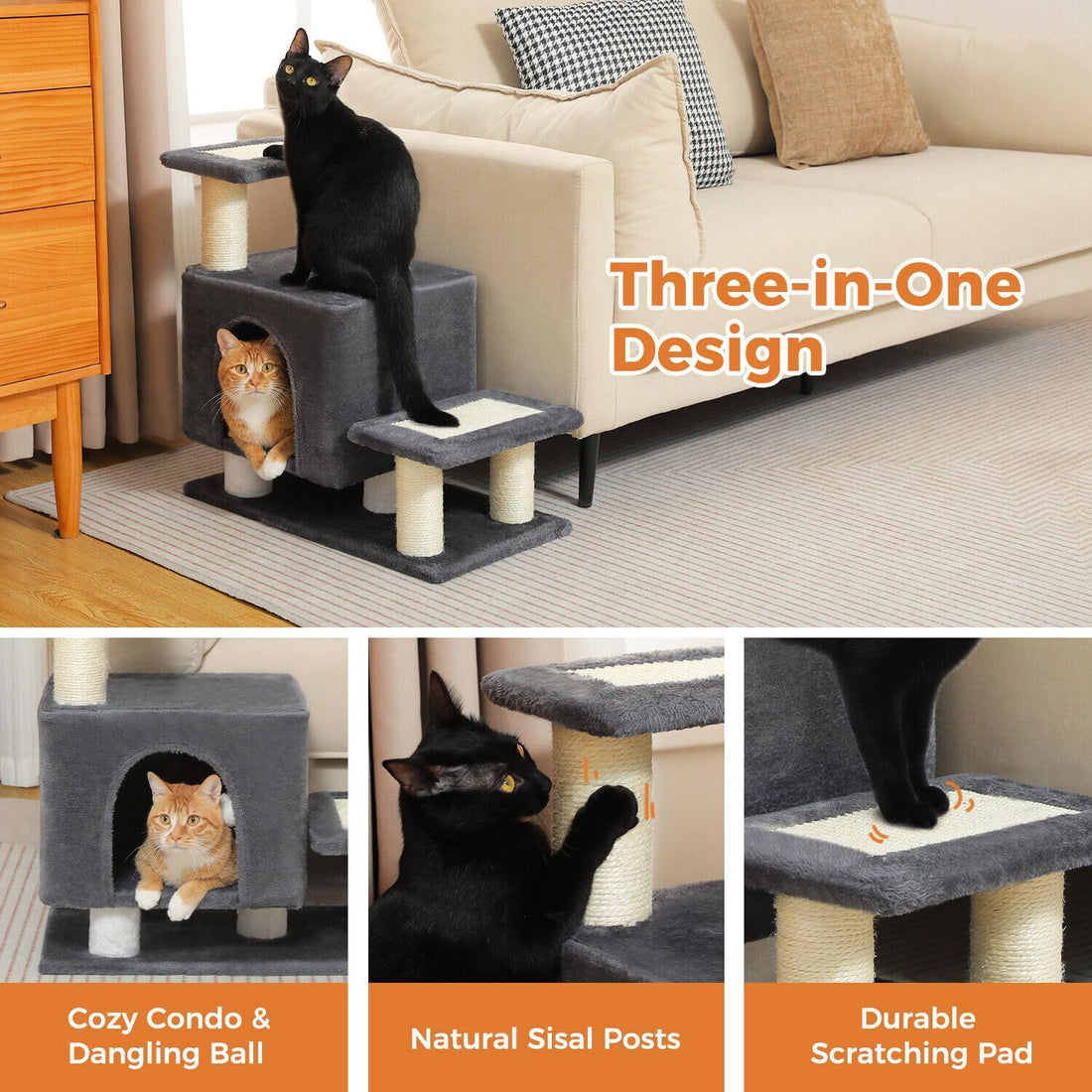 3-in-1 Cat Stairs with Scratching Post & Condo, Pet Steps