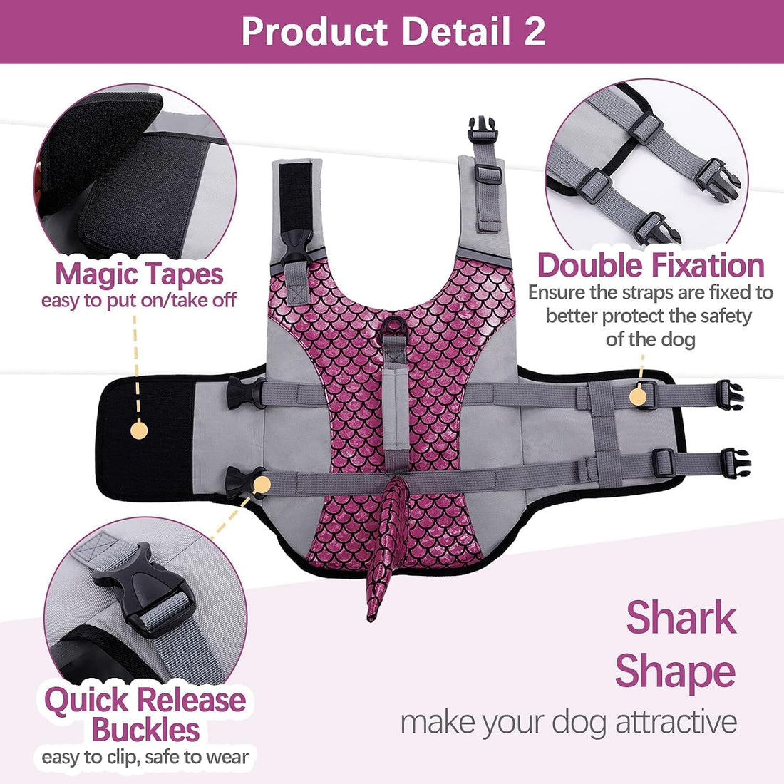 Kuoser Dog Life Jacket with Shark Fin, Ripstop Durable, Pink 2XL
