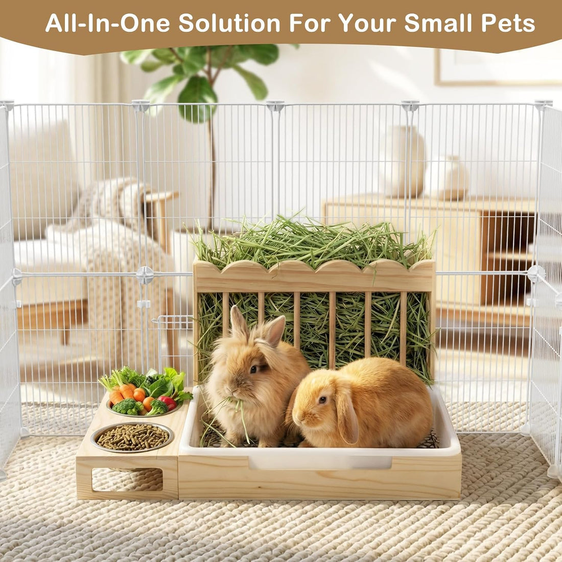 3-in-1 Wooden Rabbit Hay Feeder with Litter Box for Rabbits & Small