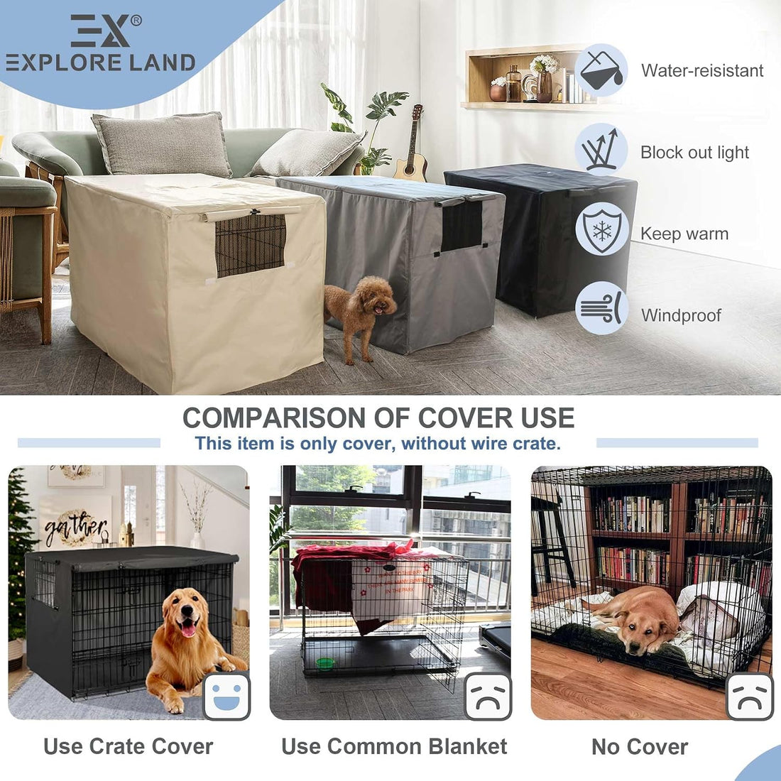 Explore Land Dog Crate Cover Heavy Duty Polyester Pet Kennel Sunshade