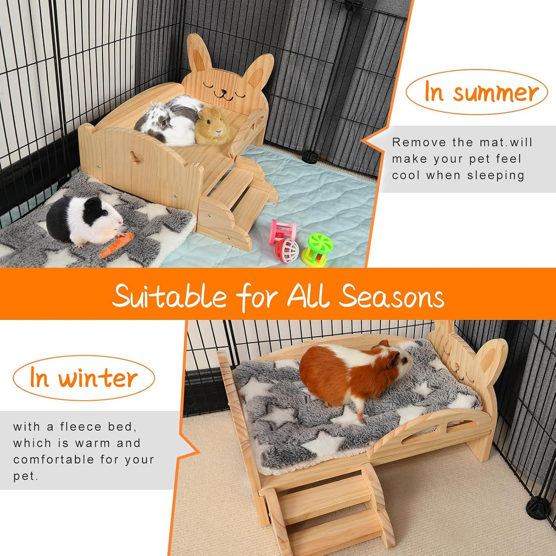 BWOGUE Large Wooden Rabbit Bed, Bunny Bed with Removable Cushion