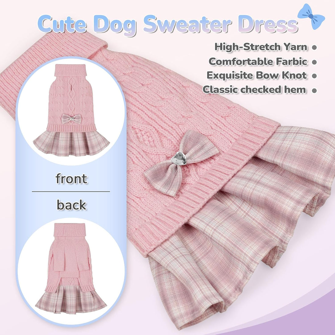 YUDODO Small Dog Sweater Dress with Bowtie Turtleneck Knitted Pet