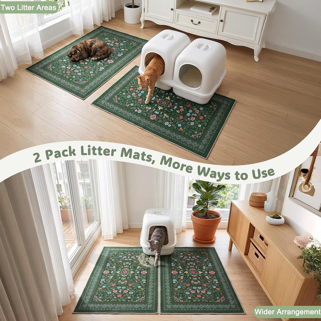 Bienbee Cat Litter Mat, 2 Pack 33" x 22" Machine Washable for Litter