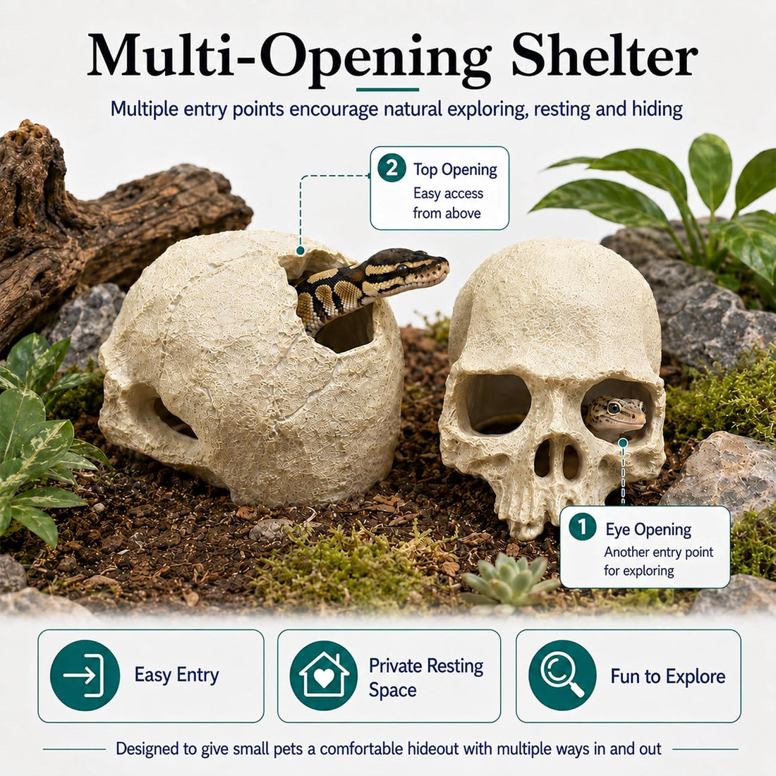 Skull Fish Tank Decor, Gothic Aquarium Hide - Resin Reptile Cave