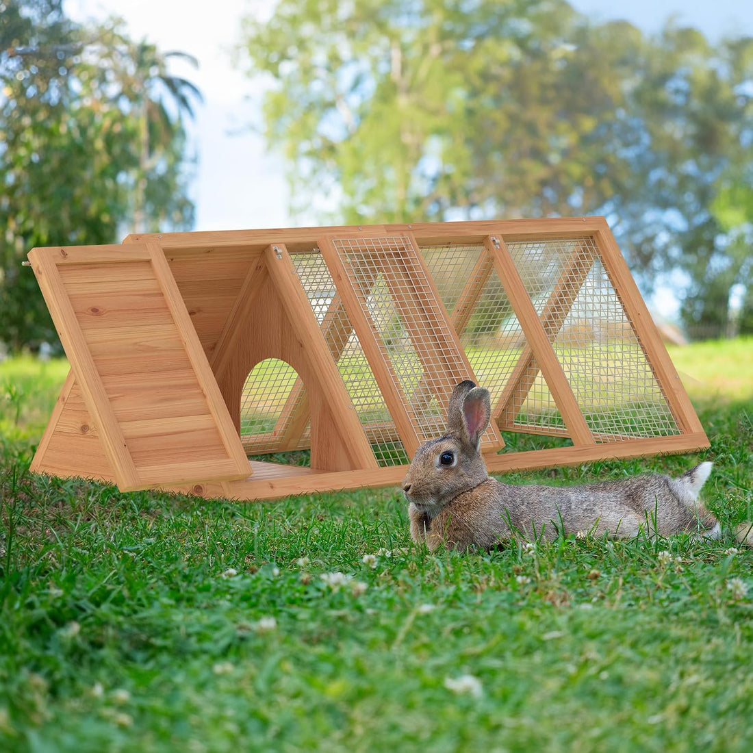 Rabbit Hutch, Small A-Frame Chicken Coop Outdoor w/ 2 Door & Run Cage