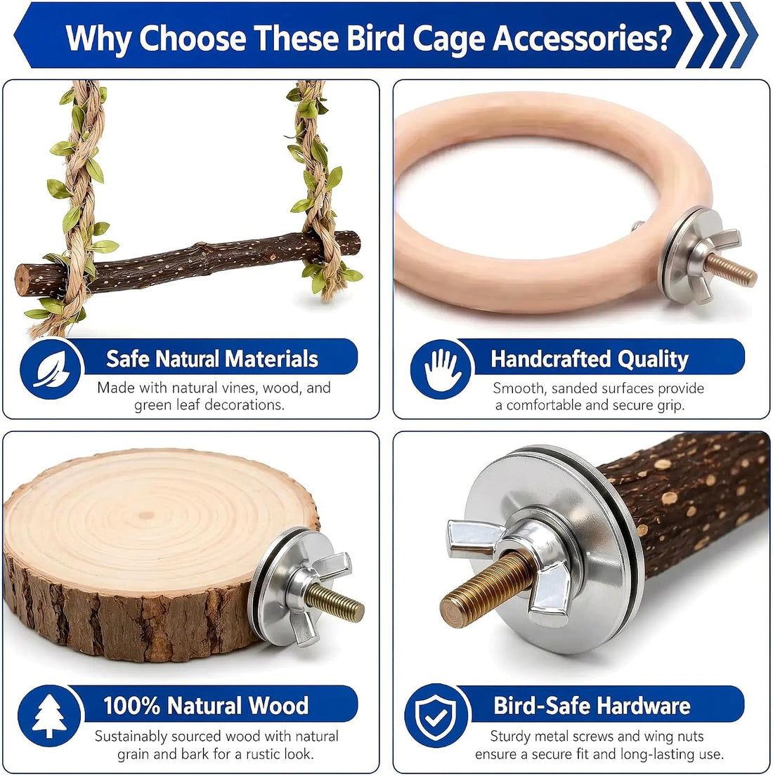 4-in-1 Bird Perches for Cage, Natural Wood Stands for Small Parrots