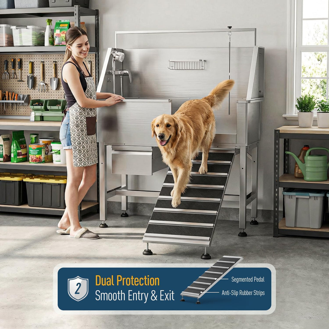 46" Dog Wash Station, 304 Stainless Steel, Side Ramp