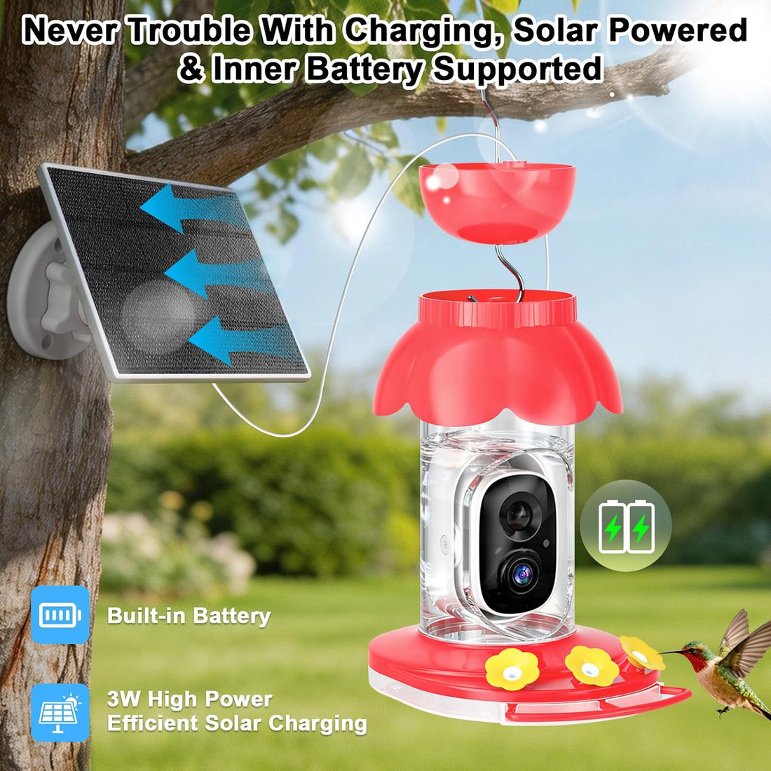 Hummingbird Feeder with Camera,2K FHD Live View & Auto Capture Bird