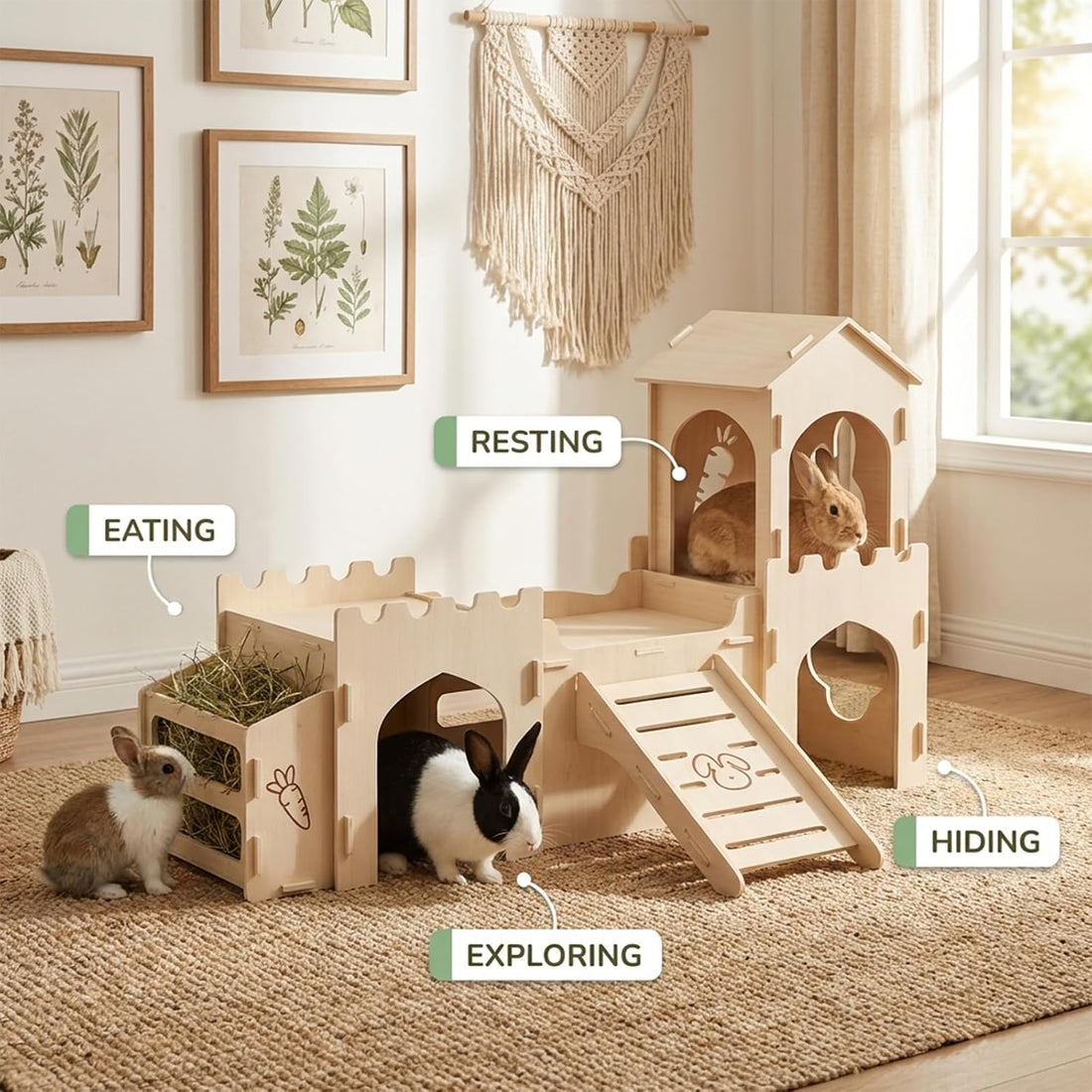 Wooden Rabbit House,Extra Large 2-Level Bunny Castle with Feeder