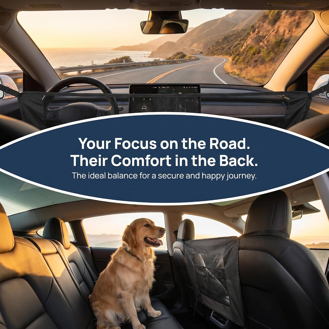 Car Dog Barrier with Hook and Loop Fastener Dual Zipper for Car SUV