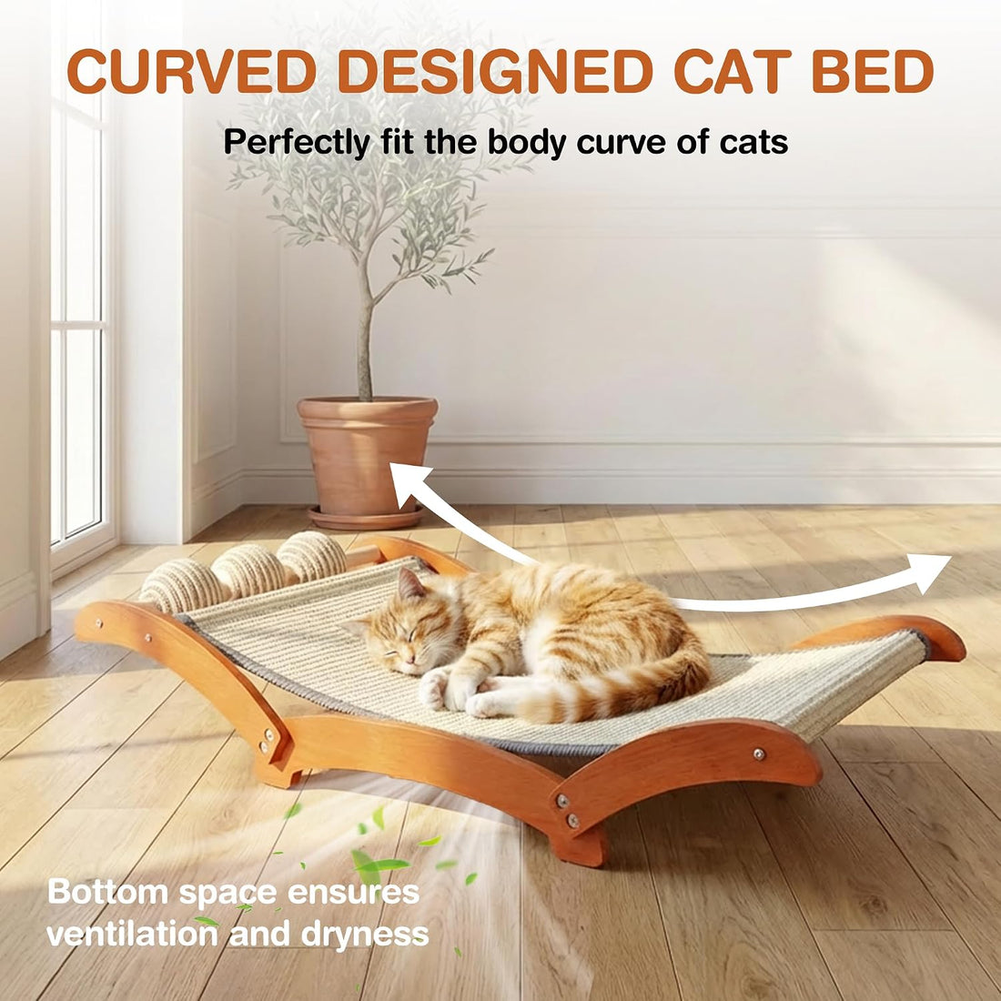 Extra Large Cat Scratcher Bed with 3 Sisal Balls, Wood Lounge