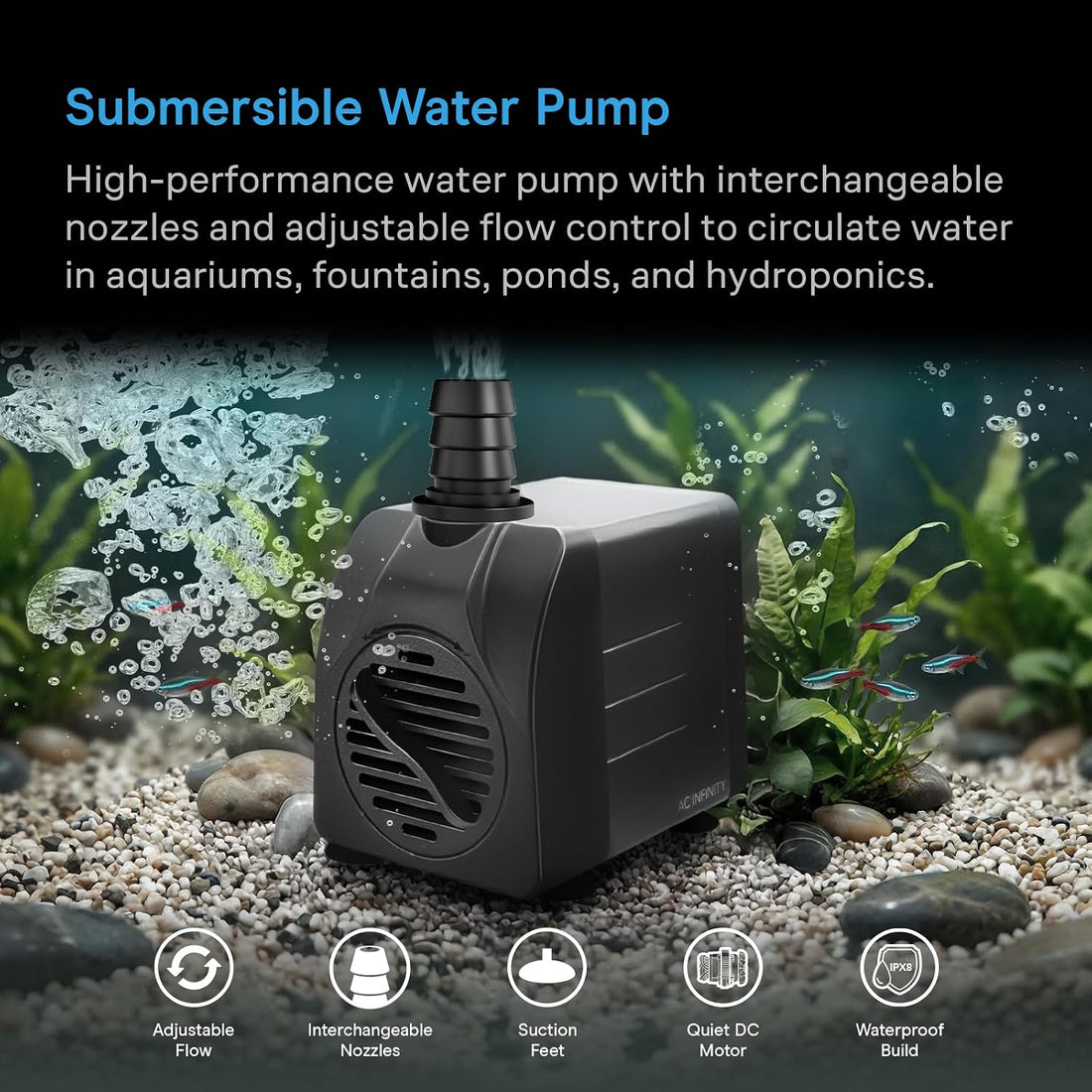 AC Infinity Submersible Pump 220 GPH for Hydroponics