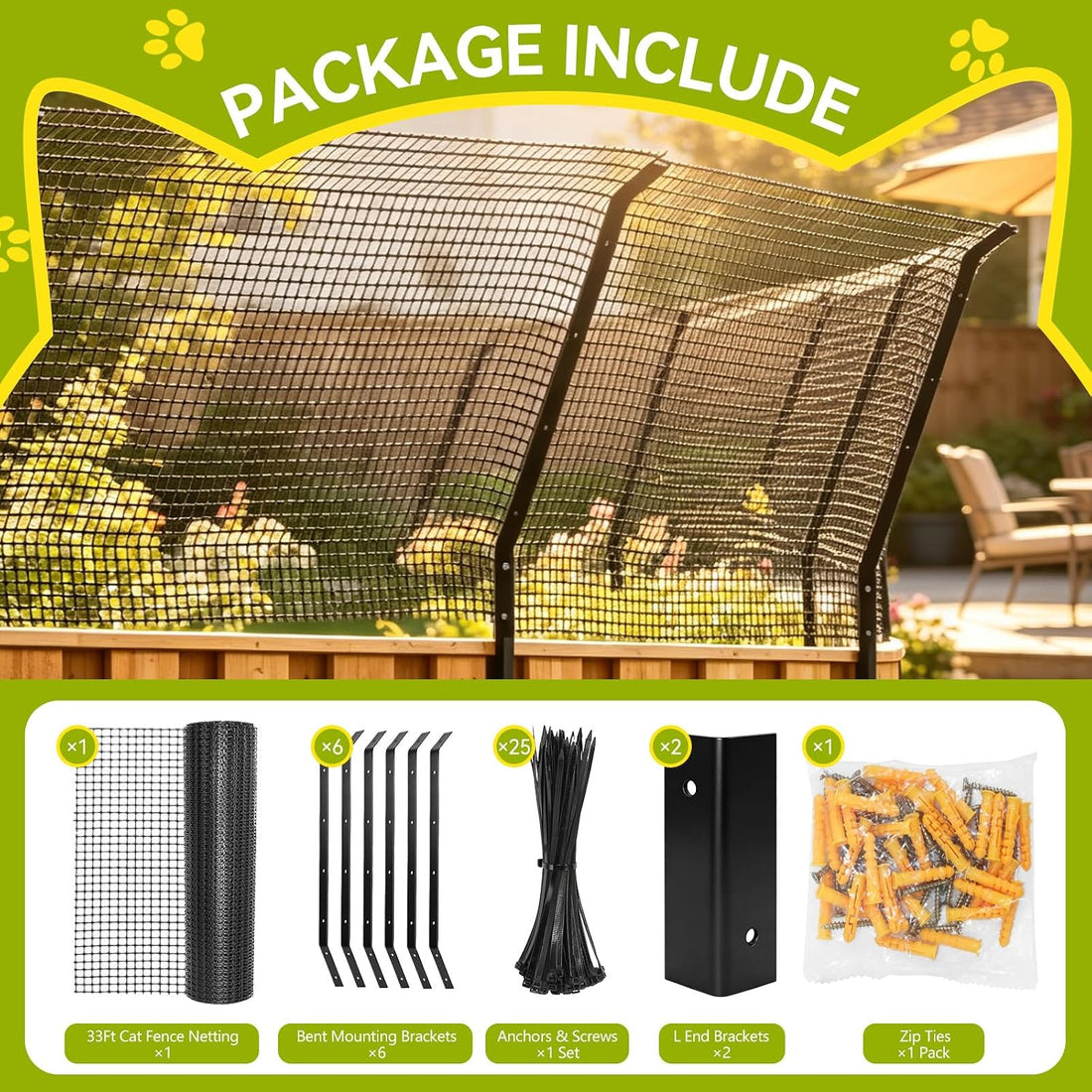 Cat Fence Outdoor Barrier 33FT, Cat-Proof Fence Topper System