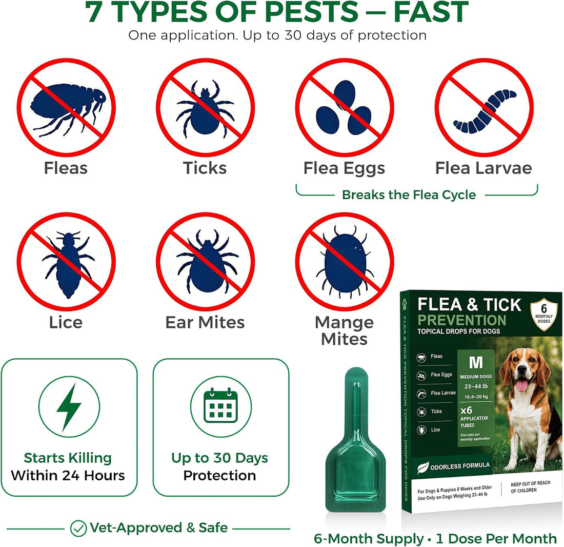 Flea and Tick for Medium Dogs 23-44 lbs, 6 Topical Doses