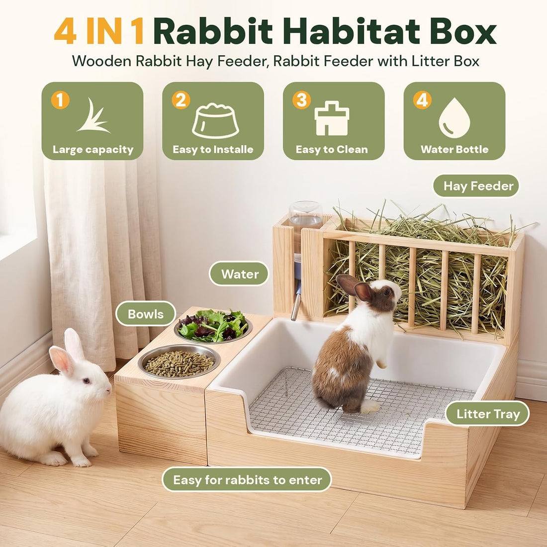 4-in-1 Rabbit Litter Box with Hay Feeder, Bunny Toilet
