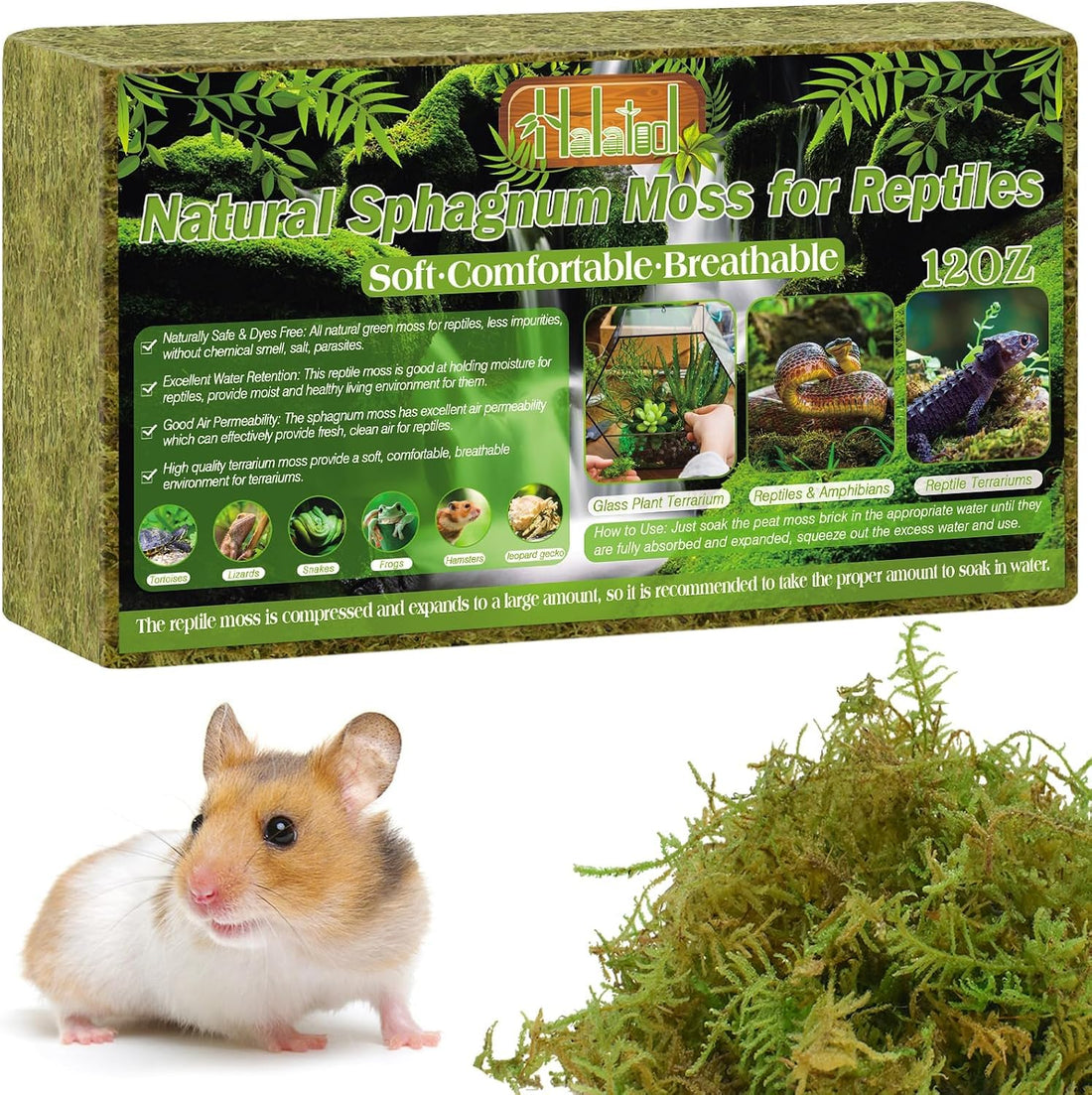 Halatool 9 OZ Sphagnum Moss for Reptiles - Green Terrarium Moss