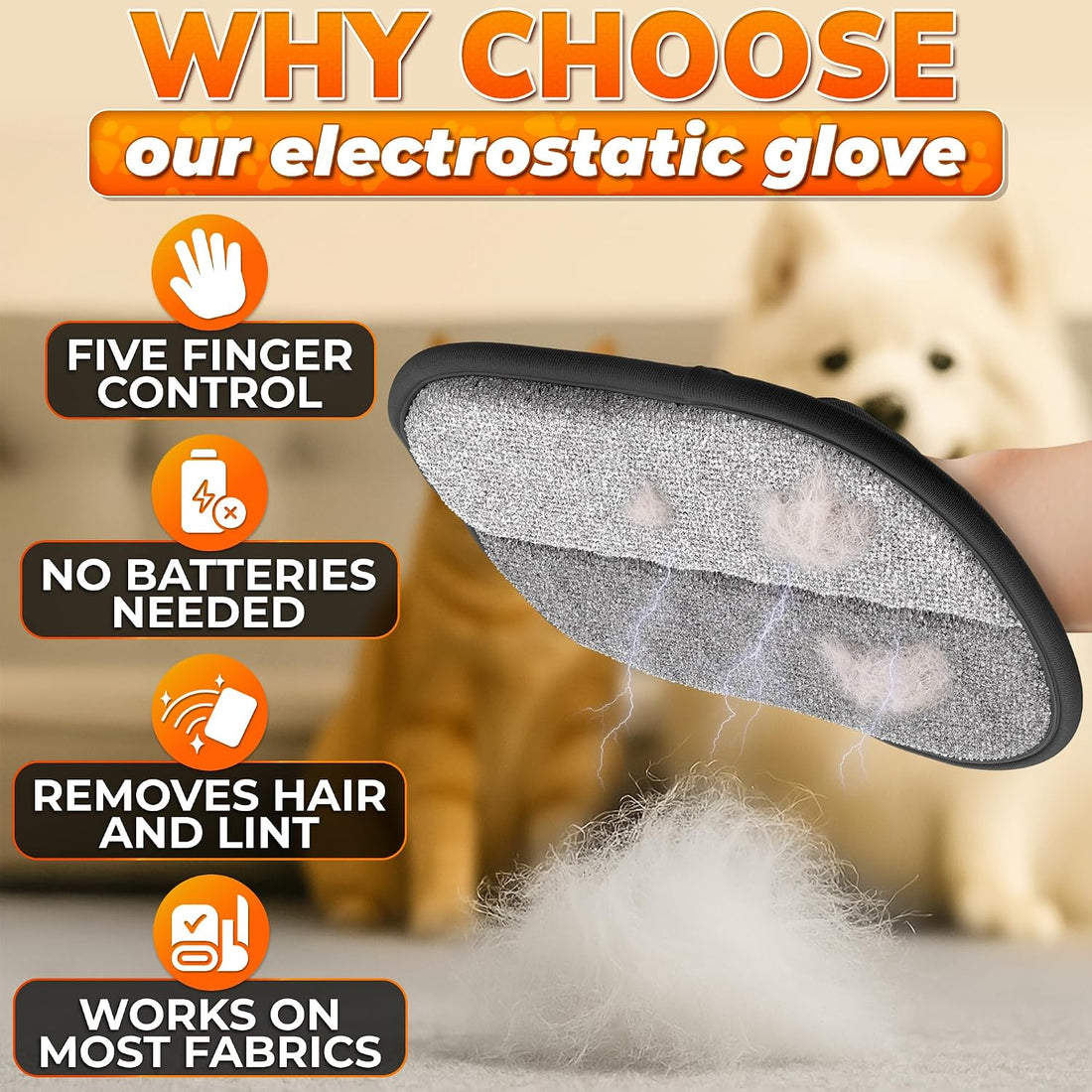 Cat Hair Remover Glove, Electrostatic, Reusable, 9.25 x 6.69 Inch