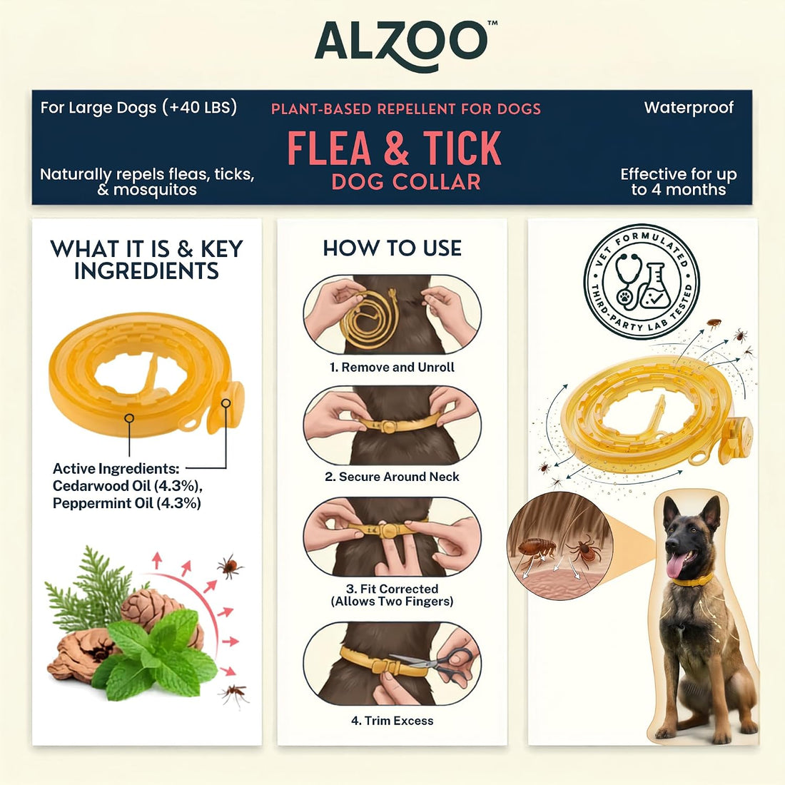 ALZOO Flea & Tick Collar for Dogs, Large 40+ lb