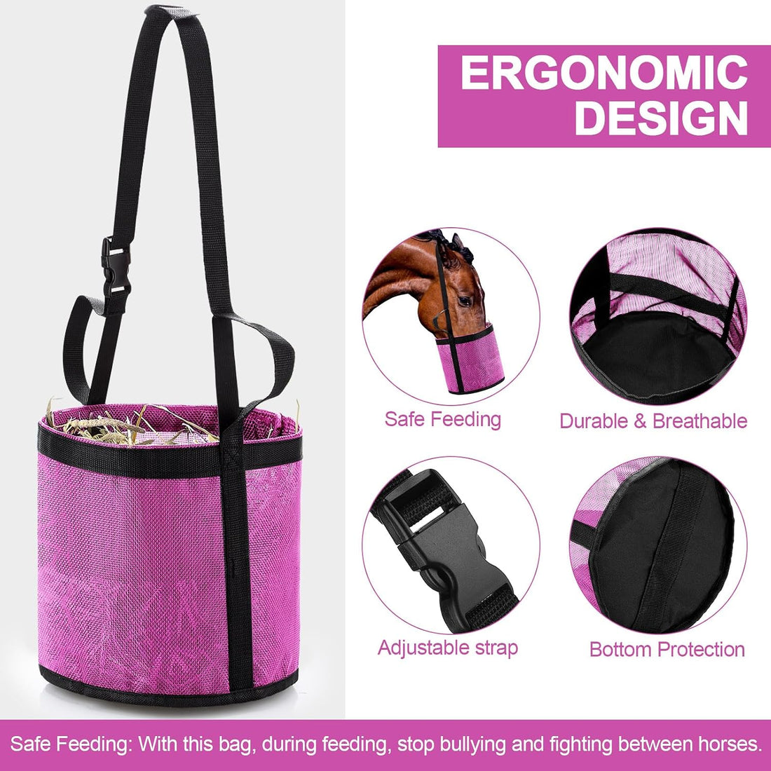 2 Pcs Horse Feed Bag, Heavy Duty Mesh Feeder with Adjustable Strap