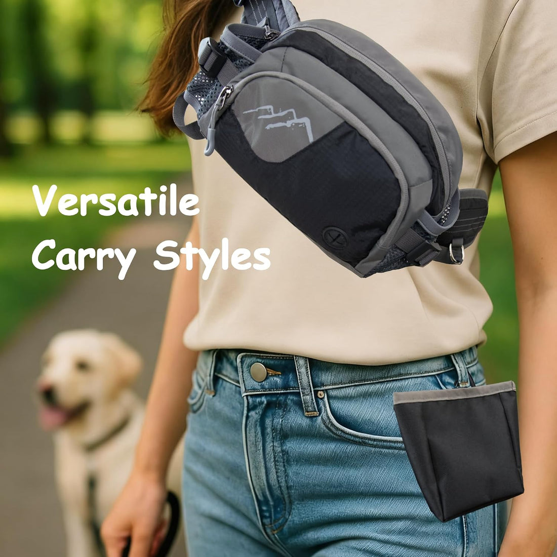 Dog Walking Fanny Pack with Removable Treat Pouch & 2 Retractable
