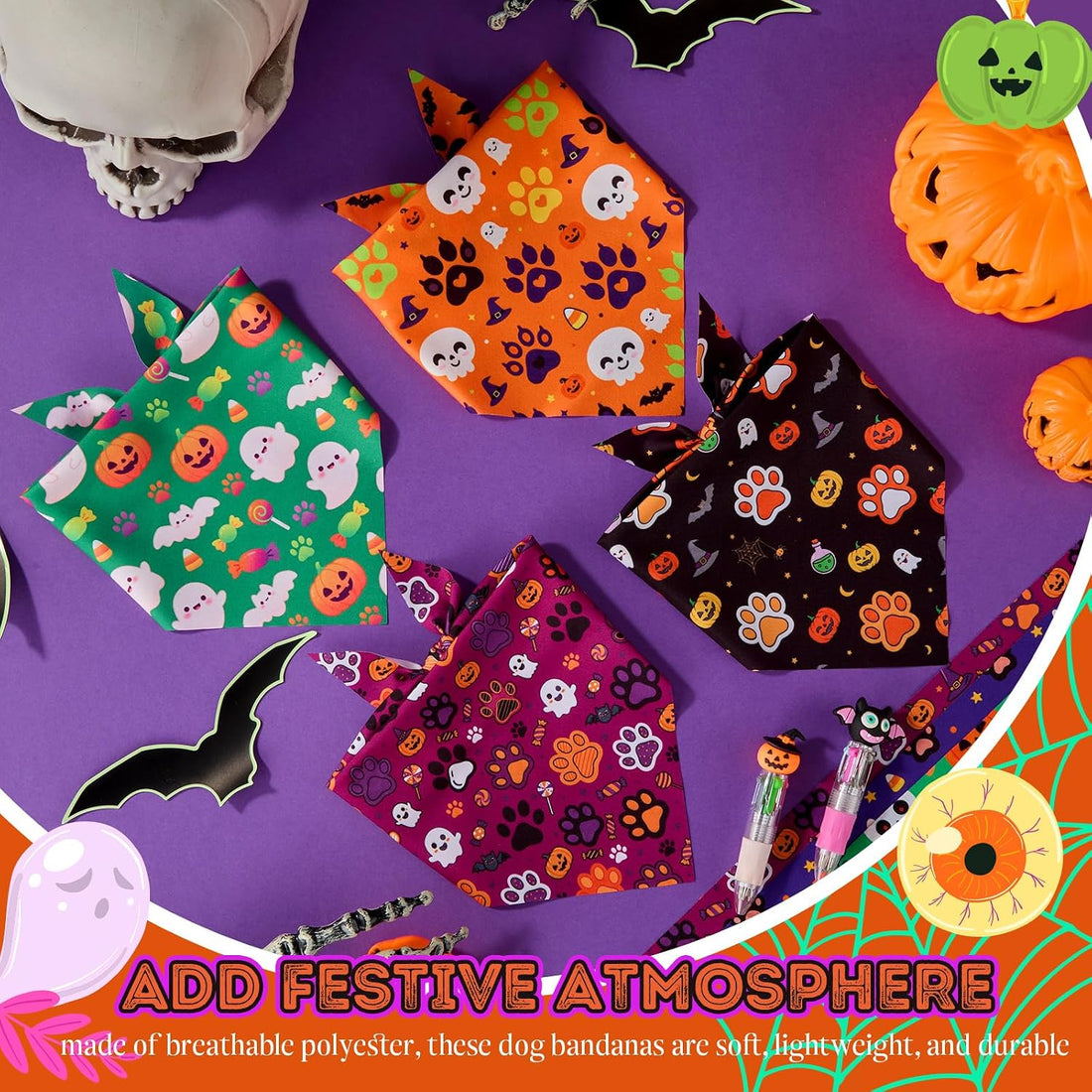 Abbylike 100 Pcs Halloween Dog Bandanas Bulk Cute Dog Paw Prints