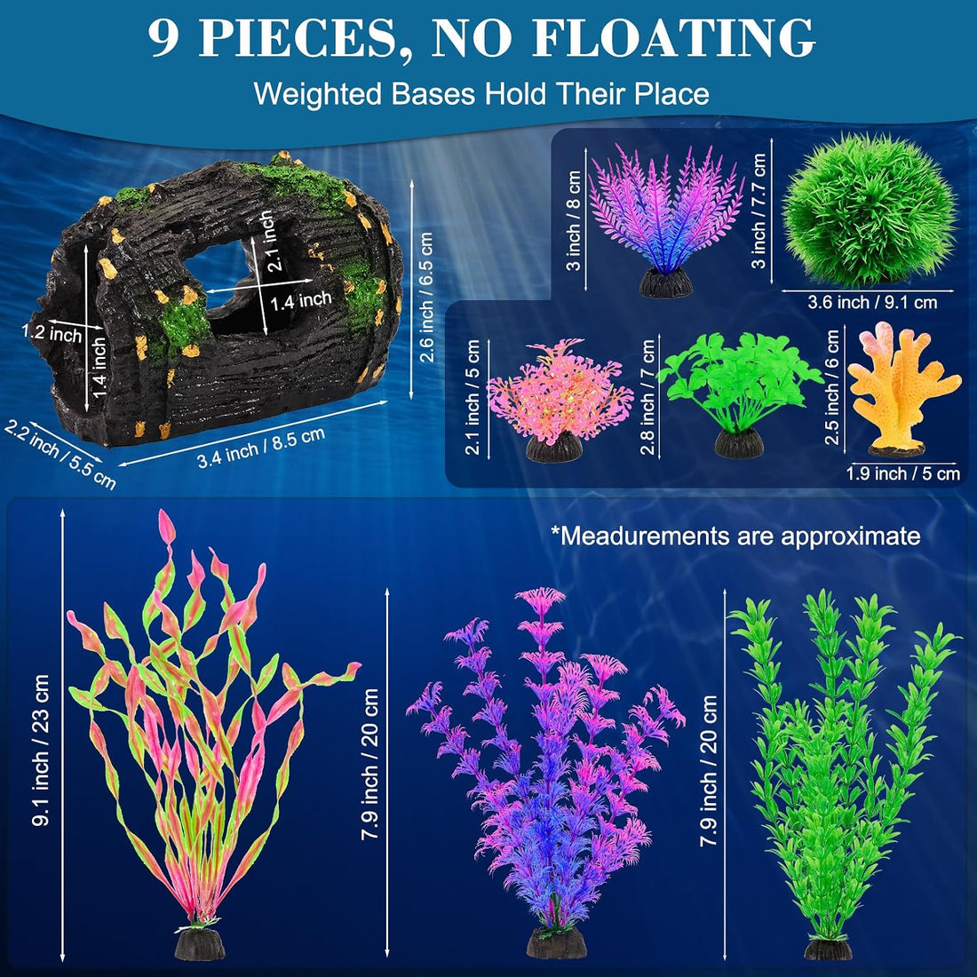 Betta Fish Tank Accessories, 9Pcs Soft Plant Decor with Barrel Cave