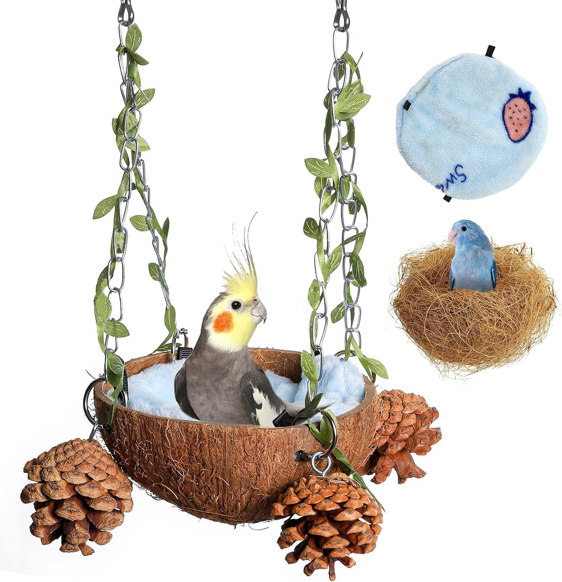 PINVNBY Natural Coconut Shell Bird Nest Suspended Parakeet Nest Bird
