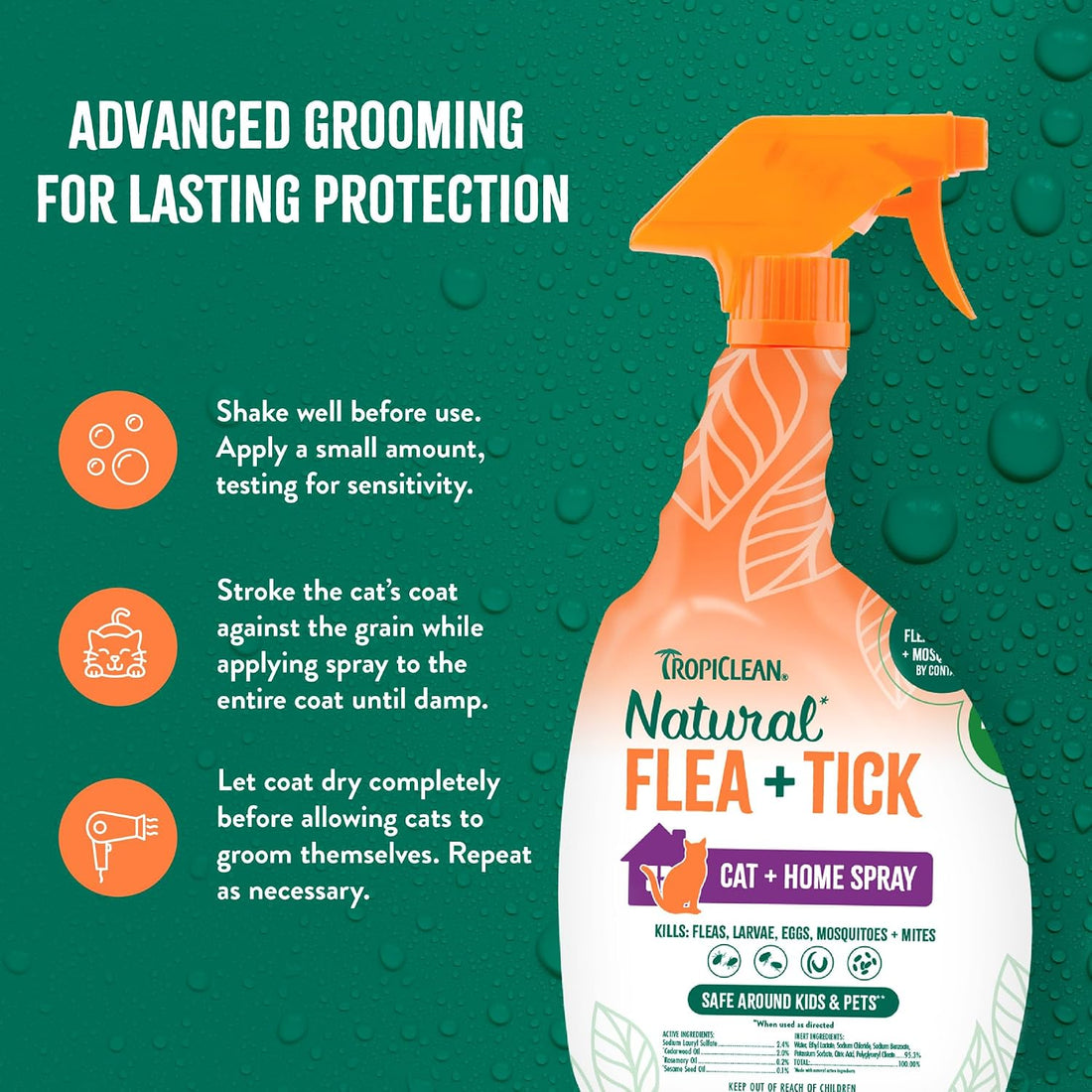 TropiClean Flea and Tick Treatment Spray for Cats & Home, Safely Treat