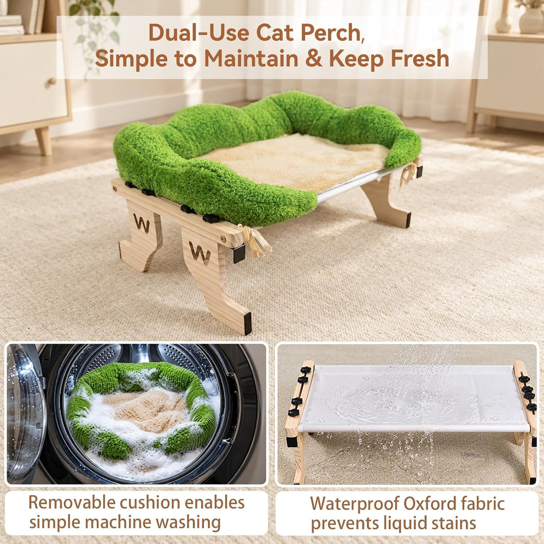 WOOCHPET Wooden Cat Window Perch, Cat Window Bed with Soft Cushion