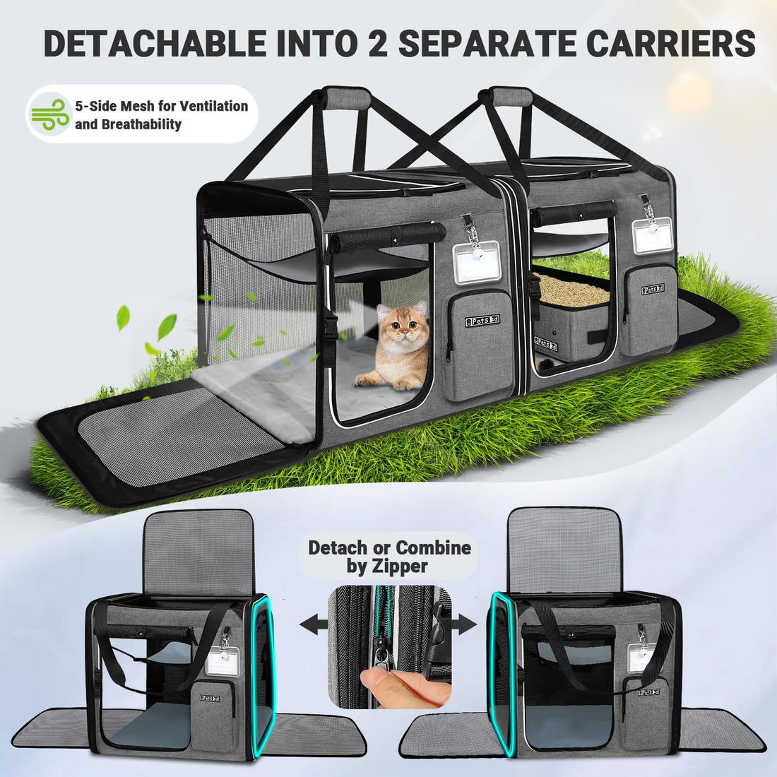 Petskd 2 in 1 Double Cat Car Travel Carrier with Litter Box