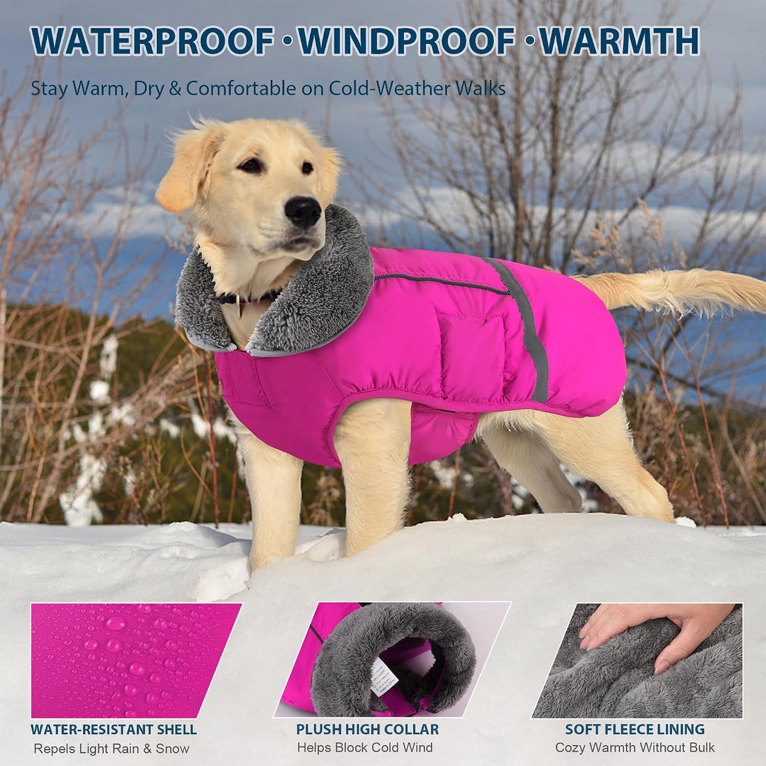 Dogcheer Warm Dog Coat, Waterproof Fleece-Lined Dog Jacket with Leash