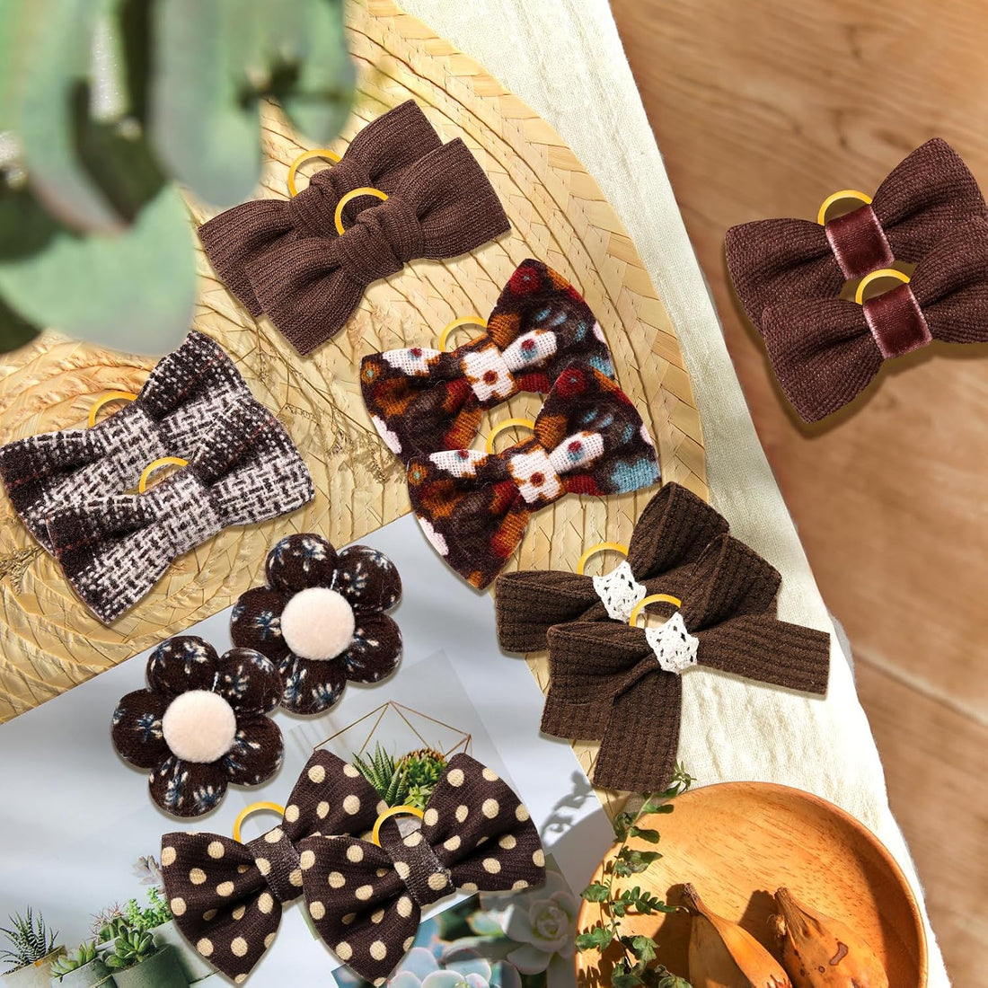 20Pcs Brown Dog Hair Bows with Rubber Bands for Small Medium Dogs