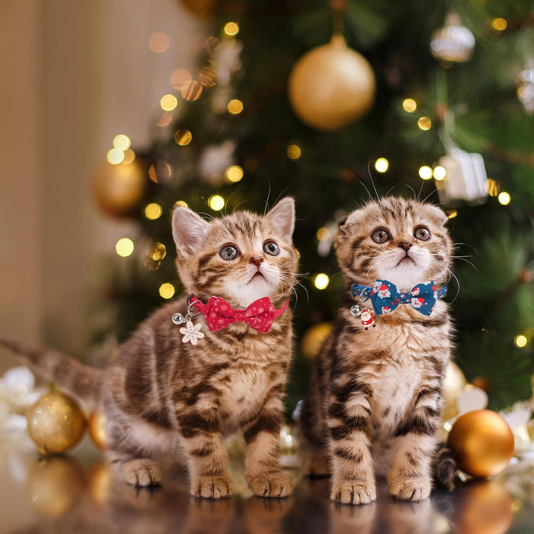 PTDECOR Christmas Cat Collars with Bow, Red Blue Cat Xmas Collar